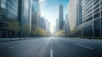 Fototapeta premium Deserted city street with skyscrapers. Modern city, future city and smart city concept