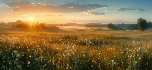 Sunrise Meadow Panorama with Wildflowers and Golf Course