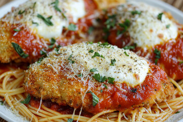 A delicious plate of chicken parmesan served over spaghetti, topped with marinara sauce, mozzarella, and herbs.