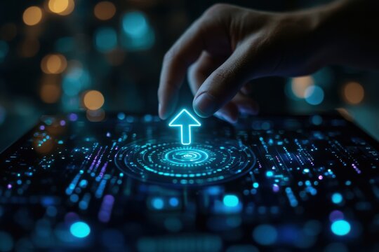 A hand pointing up at a glowing arrow on a tablet