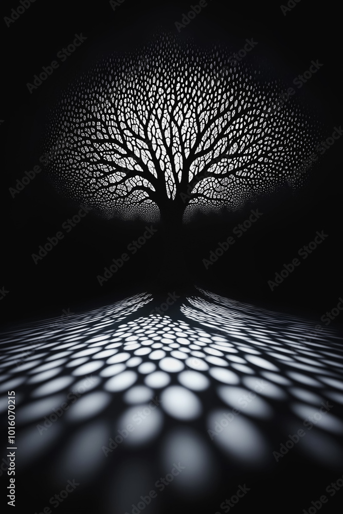Poster a tree is shown in silhouette against a dark background. the tree is the main focus of the image, an