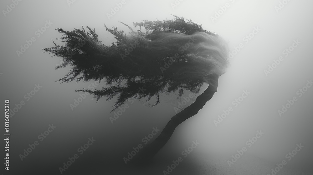 Poster a tree with a long trunk is blowing in the wind. the image has a moody and mysterious feel to it, as