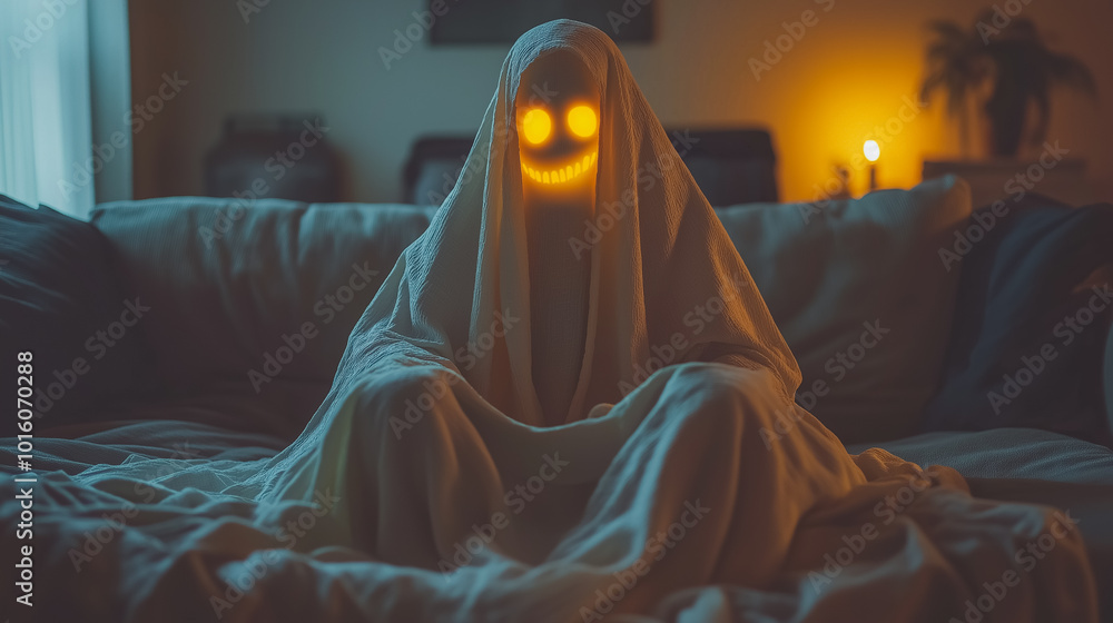Poster a person is sitting under a sheet with a ghost face on it. the sheet is lit up with a light