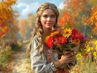 Fototapeta premium Beautiful Woman Holding a Bouquet of Flowers in a Lush Autumnal Garden, Nature, Beauty, Fall Colors, Feminine, Floral, Landscape
