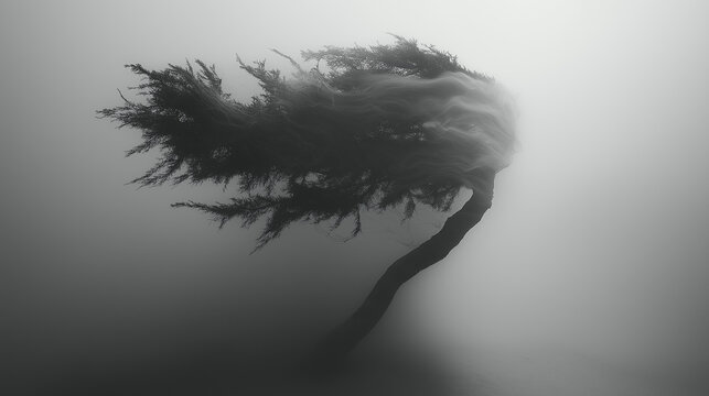 A tree with a long trunk is blowing in the wind. The image has a moody and mysterious feel to it, as the tree appears to be bending and twisting in the wind, almost as if it's alive