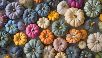Fototapeta premium Pumpkins, gourds, colorful, autumn, fall, harvest, variety, multicolored, squash, decorative, seasonal, festive, ornamental, diverse, miniature, assorted, vibrant, heirloom, organic, produce, agricult