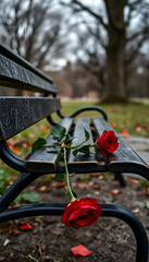 concept of valentine's day love care and support, single rose abandoned on bench. alone, lonely, love, abandoned. red rose on metal bench outdoor isolated with white highlights, png