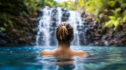 Fototapeta premium Woman Relaxing in Tropical Waterfall Pool Back View Lush Greenery Serenity