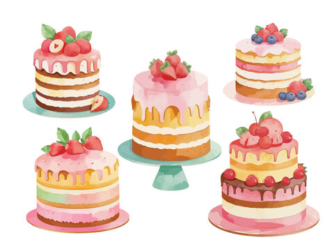 Cake cream watercolor hand drawn vector drawing painting birthday