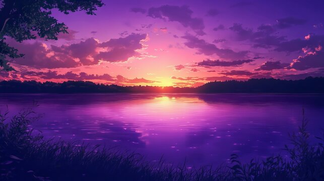 Purple lake landscape anime wallpaper with serene mountain reflections and starry night sky, dreamy nature scene perfect for fantasy-themed backgrounds, digital art projects, and relaxing desktop or m