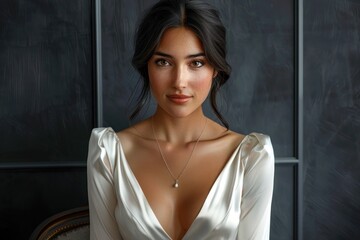 Fototapeta premium Serene and Graceful Woman in Elegant White Dress A Portrait of Inner Peace and Tranquility The soft lighting and her gentle smile capture a moment of calmness and quiet beauty This image embodies the