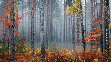 Fototapeta premium A Foggy Autumn Forest with Colorful Foliage and Tall Trees