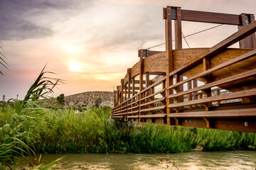 Wooden bridge over the Segura River. Cieza. Murcia. Spain.