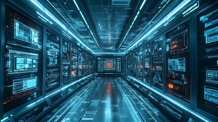 Fototapeta premium Futuristic Sci-Fi Hallway Interior with Computer and Monitor Screen on Wall, 3D Rendering. 