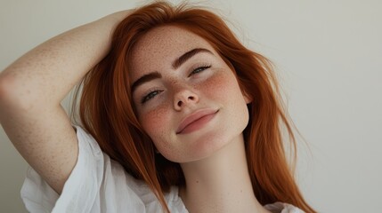 Fototapeta premium Serene redhead woman with freckles posing naturally