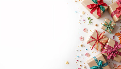 Holiday gift boxes on white background. Christmas gifts background. New Year gifts