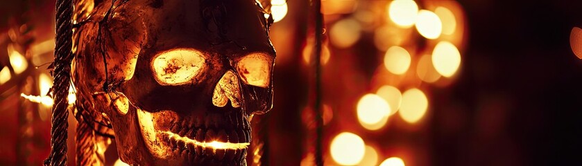 Obraz premium A hauntingly beautiful skull illuminated by warm lights, evoking a mysterious and captivating atmosphere.