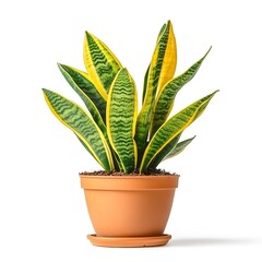 Fototapeta premium Green and Yellow Snake Plant in Terracotta Pot on White Background