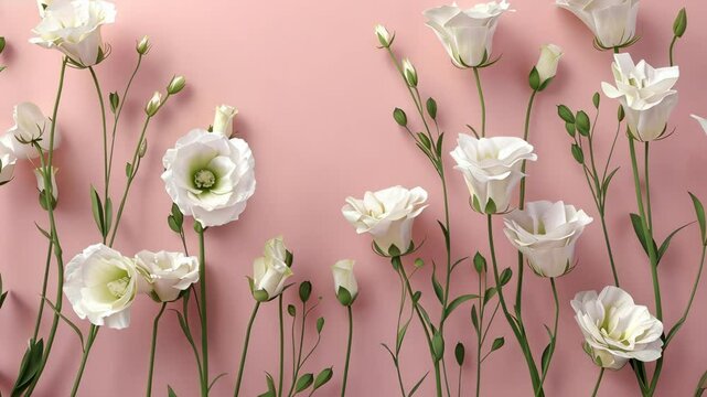 White lisianthus flowers bloom against a delicate pink backdrop