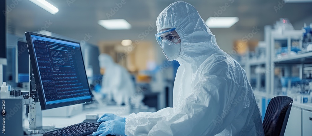 Poster a scientist in a white lab coat and protective gear uses a computer in a laboratory setting.