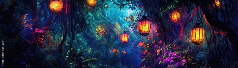 Poster a magical forest illuminated by glowing lanterns, creating an enchanting atmosphere full of vibrant 