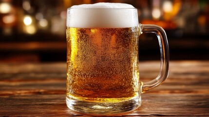 Refreshing Golden Beer in Mug on Rustic Bar, Perfect for Beverage and Relaxation Concepts