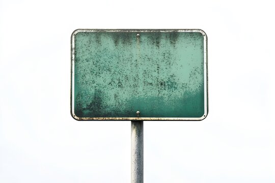 Blank Green Metal Sign with Rusty Frame on White Background