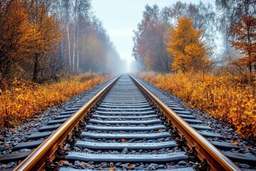 Obraz premium Misty autumn morning on empty railway track surrounded colorful foliage