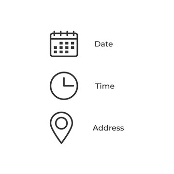Date and time location address icon. Calendar, clock, location illustration symbol. Sign event data vector design.
