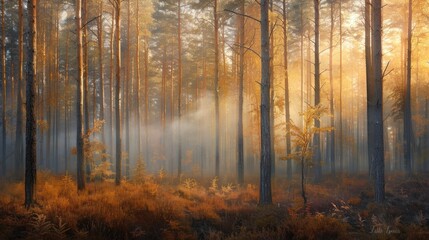 Fototapeta premium Golden Light Filtering Through Fog in a Pine Forest