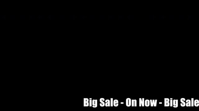Big Sale On Now Text. Bottom of screen ticker. Big Sale. White Text animation on Black Background. Special Offer. Discount. Big Sale.