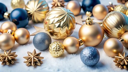 A beautiful assortment of gold, and silver Christmas ornaments arranged on green pine branches. These festive decorations include shiny and matte finishes, creating a perfect holiday display.