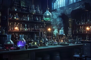 A dark and eerie laboratory with bubbling potions, strange scientific instruments, and an overall mad scientist vibe perfect for Halloween