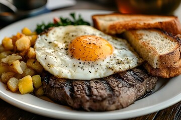 A hearty breakfast plate of steak and eggs, with a side of hash browns and toast