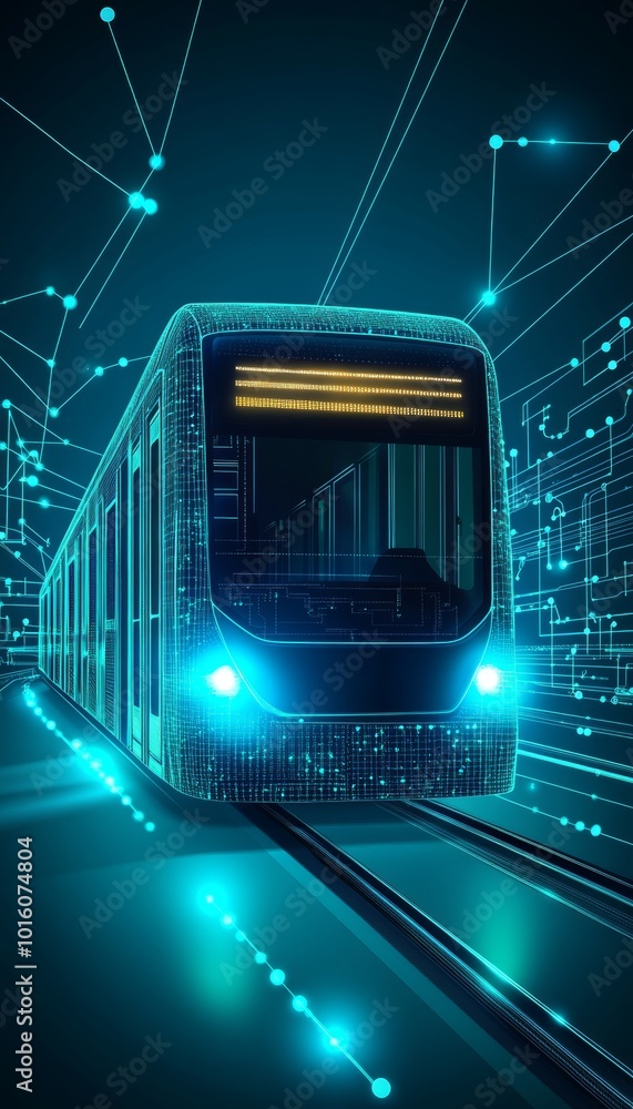 Aufkleber digital tram on green technology background. abstract light rail icon with connected dots and lines