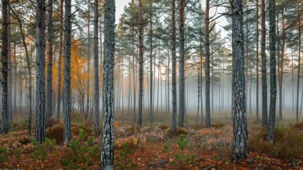 Misty Pine Forest with Autumn Colors
