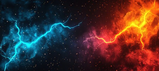 Blue and Orange Vibrant Lightning Strike in a Colorful and Turbulent Night Sky With Stars