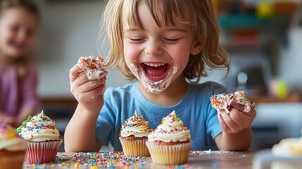A happy child with messy hands enjoys cupcakes covered in colorful frosting and sprinkles