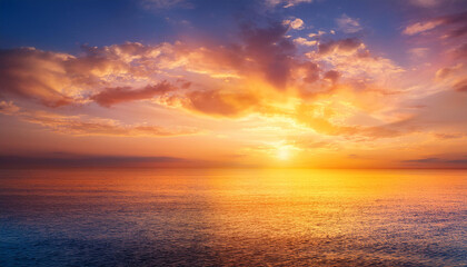 Fototapeta premium Sunset Sky clouds over Horizon sea landscape in the Evening Summer season Background, Dramatic Colorful Orange, Yellow sunlight fluffy after sundown on Twilight, Dusk sky backgrounds
