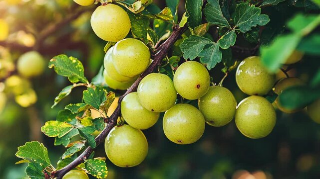 A close-up of green amla fruit on a branch