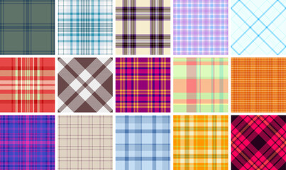 A collection of plaid patterns with colorful checks, ideal for textile, fabric, clothing, or celtic-inspired backgrounds.