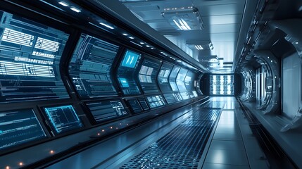Obraz premium Futuristic Sci-Fi Hallway Interior with Computer and Monitor Screen on Wall, 3D Rendering. 