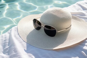 Poolside summer relaxation with stylish hat sunglasses
