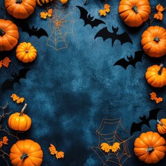 Halloween party background from pumpkins, bats, spider web top view. Happy halloween holiday greeting card, flat lay with background