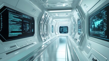 Futuristic Sci-Fi Hallway Interior with Computer and Monitor Screen on Wall, 3D Rendering. 