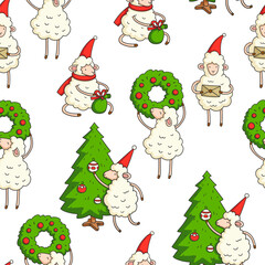 Vector hand-drawn seamless pattern with sheep with symbols of Christmas. Endless New Year texture with cute animal characters isolated on white.