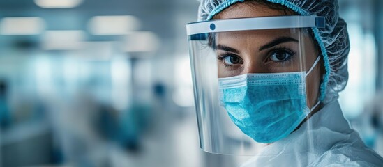 Portrait of a woman wearing a protective face mask, face shield, and surgical cap, looking directly at the camera.