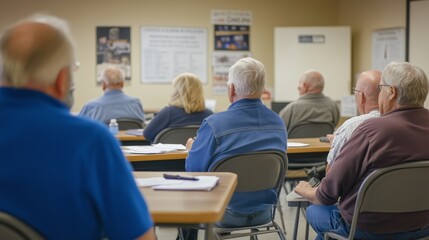 Senior citizens attending a community education class in a classroom setting during daytime hours