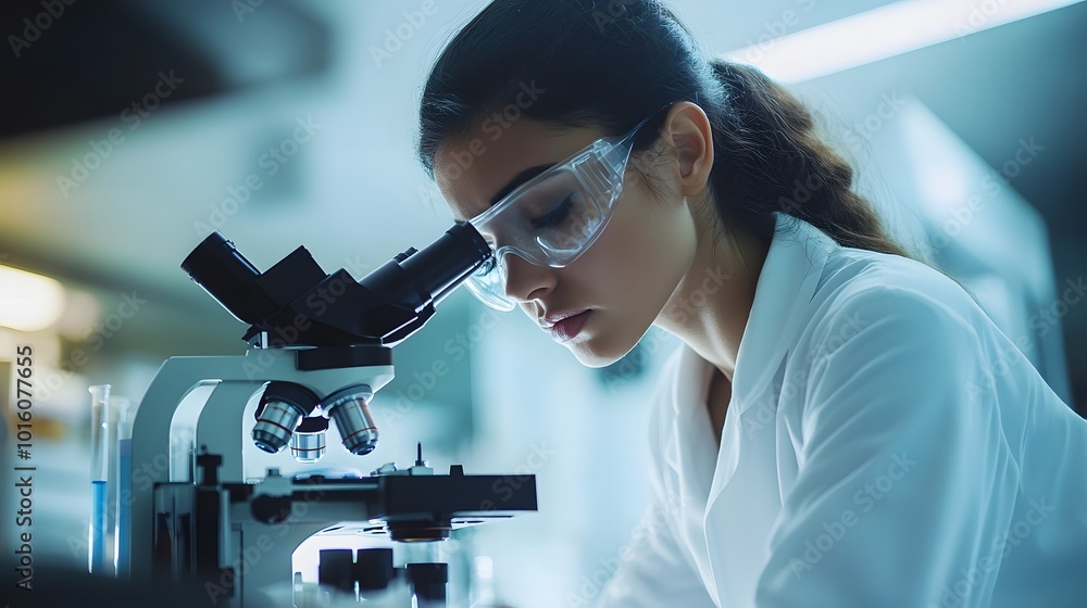 Poster a female scientist uses a microscope in a laboratory setting