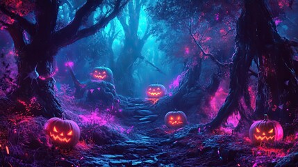 Fototapeta premium A mystical Halloween forest illuminated by glowing jack-o'-lanterns, surrounded by vibrant colors and eerie shadows.